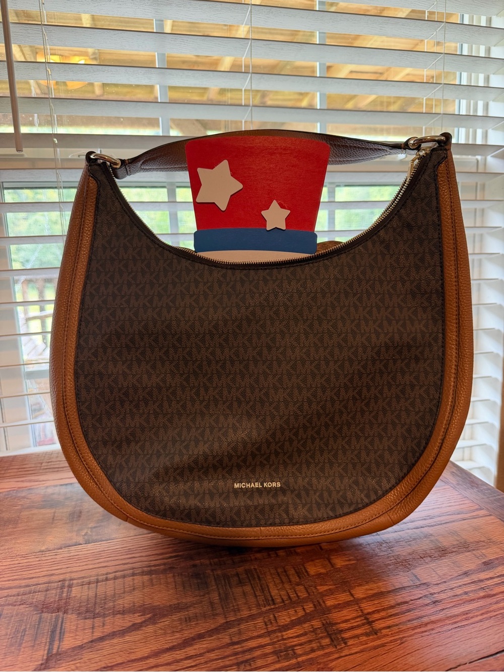 Michael Kors Brown MK Logo Crescent Hobo Bag with Tan Trim